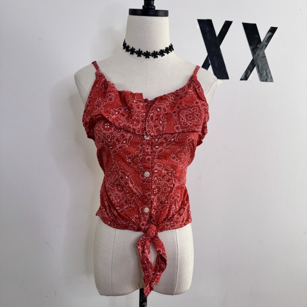 Y2K Red Bandana Print Tie Front Cami Top Layered Indie Hippie Festival S